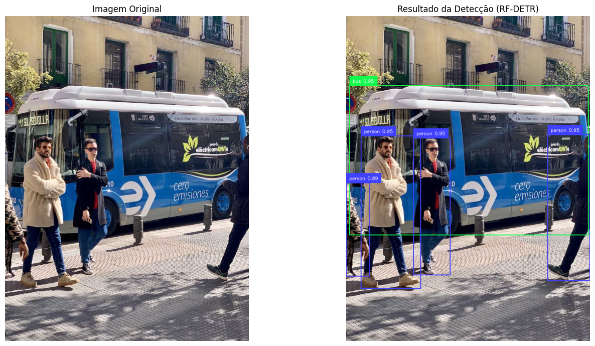 Resultado da detecção com RF-DETR: caixas e rótulos sobre um ônibus e pessoas, ao lado da imagem original