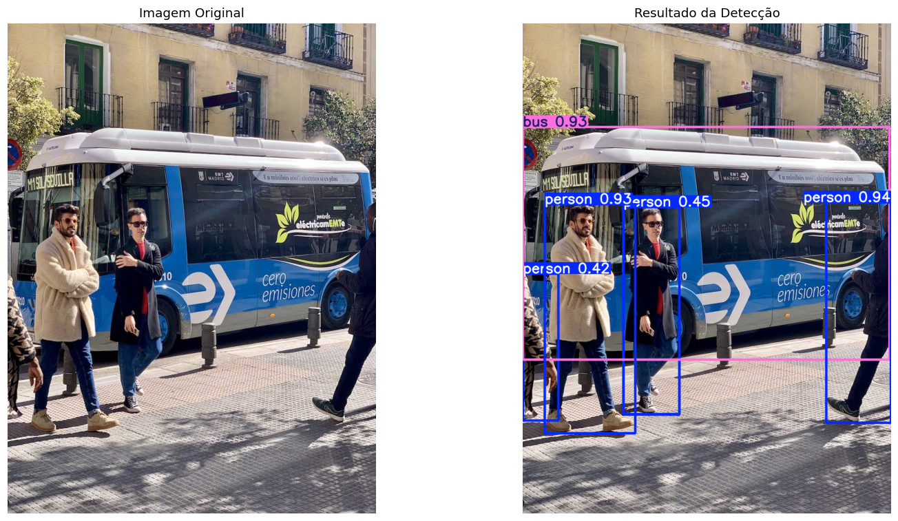 Resultado da detecção com YOLO26: caixas e rótulos sobre um ônibus e pessoas