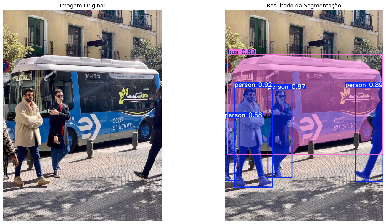 Resultado da segmentação de instâncias com YOLO26: máscaras sobre um ônibus e pessoas