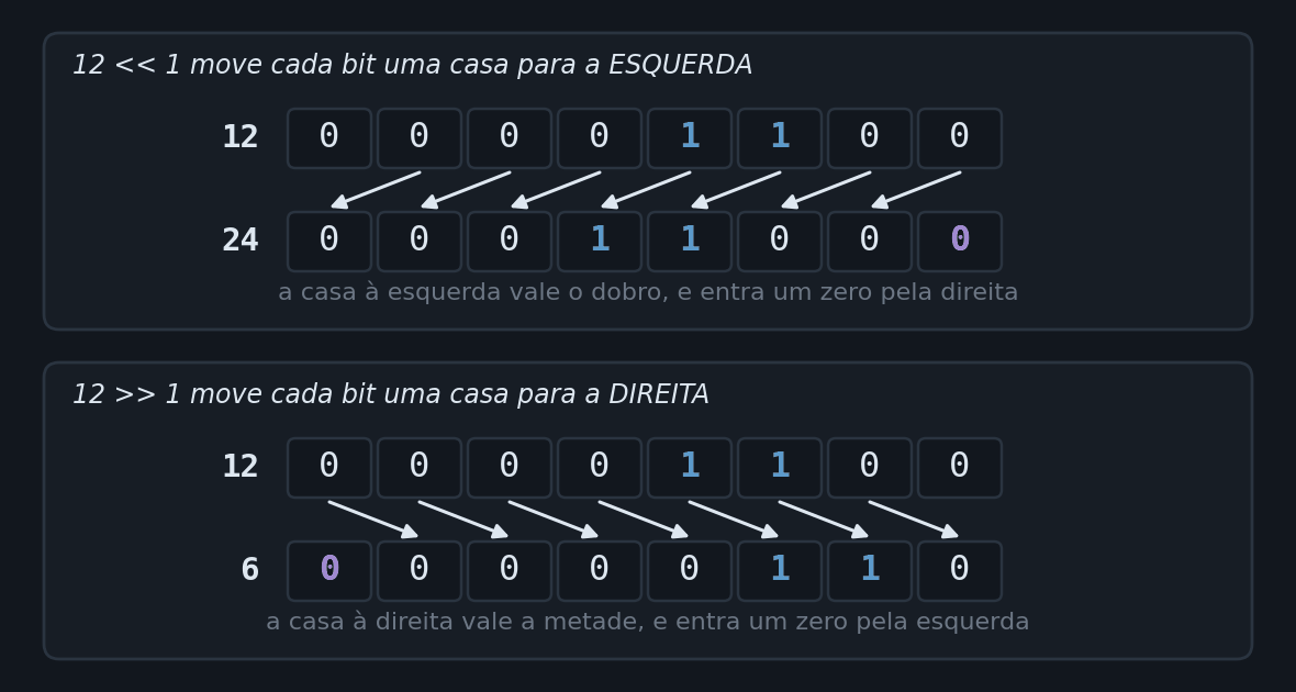 Dois painéis. No primeiro, o número 12 escrito como oito casas de bit, 00001100, e abaixo dele o resultado de deslocar uma casa à esquerda, 00011000, que vale 24. Oito setas ligam cada bit à casa vizinha da esquerda e um zero novo aparece na última casa da direita. No segundo painel, o mesmo 12 e o resultado de deslocar uma casa à direita, 00000110, que vale 6, com as setas apontando para a direita e o zero novo entrando pela primeira casa da esquerda