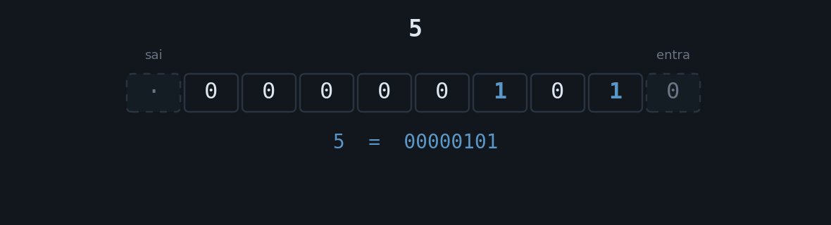 Animação em dez quadros. O número 5 aparece como oito casas de bit e, a cada deslocamento à esquerda, todos os dígitos andam uma casa nessa direção, um zero entra pela casa marcada entra, à direita, e o dígito que sai vai para a casa marcada sai, à esquerda. O valor em decimal vai de 5 para 10, depois 20 e 40
