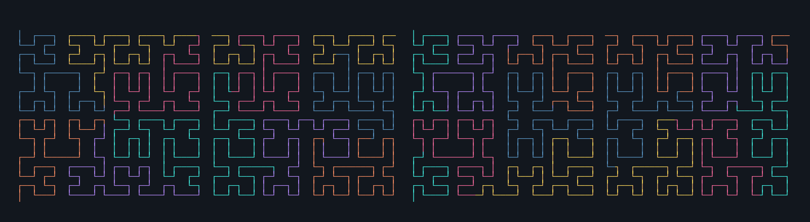 Four mazes of continuous strokes that fill the frame without ever crossing, the colour advancing along the path