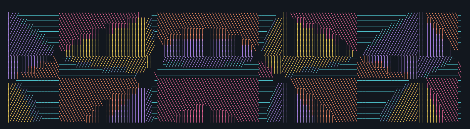 A whole mesh of slanted strokes following the angle of a field, forming undulating bands