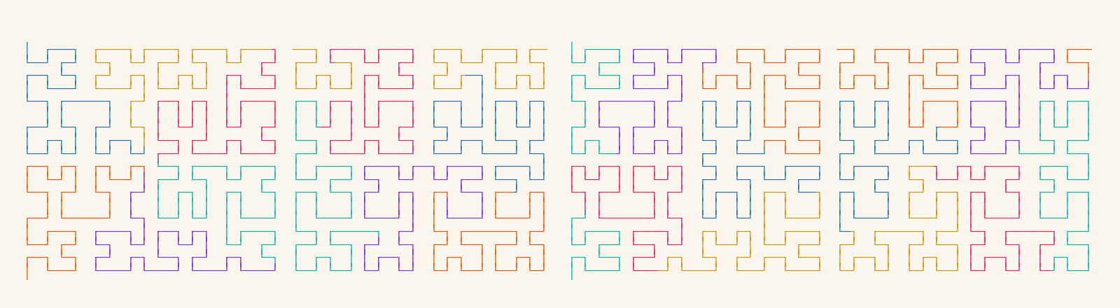 Four mazes of continuous strokes that fill the frame without ever crossing, the colour advancing along the path