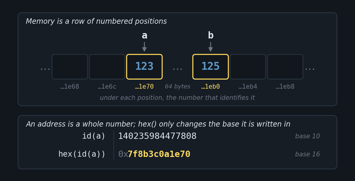 Two panels. In the first, memory drawn as a row of numbered positions, with the value 123 in one of them and 125 another 64 positions further on, the names a and b pointing at each one and the address written under each position. In the second, the same address written in base 10 and in base 16